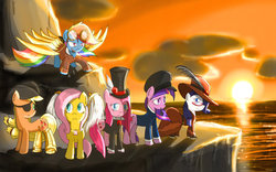 Size: 900x563 | Tagged: safe, artist:colorsymphony, applejack, fluttershy, pinkie pie, rainbow dash, rarity, twilight sparkle, earth pony, pony, g4, amputee, artificial wings, augmented, clothes, element of kindness, eyepatch, female, goggles, hat, implied amputation, mane six, mare, mechanical wing, pinkamena diane pie, pipe, prosthetic limb, prosthetic wing, prosthetics, smoking, steampunk, top hat, wings