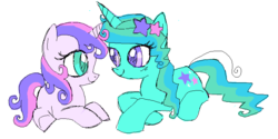 Size: 767x385 | Tagged: safe, artist:needsmoarg4, star dreams, starbeam twinkle, pony, unicorn, g4, duo, duo female, female, filly, foal, looking at each other, mare, prone, simple background, smiling, white background