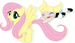 Size: 900x524 | Tagged: dead source, safe, artist:volmise, fluttershy, pegasus, pony, g4, bubbles (powerpuff girls), crossover, duo, duo female, female, mare, simple background, the powerpuff girls, transparent background