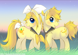 Size: 1042x740 | Tagged: safe, artist:nyaasu, earth pony, pony, duo, female, grass, kagamine len, kagamine rin, male, mare, ponified, raised hoof, stallion, vocaloid