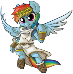 Size: 1023x1039 | Tagged: safe, artist:php27, rainbow dash, pegasus, semi-anthro, g4, clothes, costume, crossover, female, flying, kid icarus, kid icarus: uprising, laurel wreath, mare, pit (kid icarus), simple background, solo, toga, transparent background
