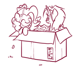 Size: 800x728 | Tagged: dead source, safe, artist:willdrawforfood1, surprise, oc, pegasus, pony, unicorn, g1, g4, box, duo, female, g1 to g4, generation leap, mare, monochrome, pony in a box, smiling, tape