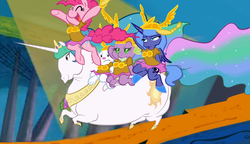 Size: 1400x806 | Tagged: safe, artist:php27, angel bunny, pinkie pie, princess celestia, princess luna, spike, alicorn, dragon, earth pony, pony, g4, angel riding celestia, chubbylestia, clothes, crossdressing, crossover, dragons riding ponies, female, looney tunes, luna riding celestia, male, mare, parody, pinkie pie riding celestia, ponies riding ponies, riding, s1 luna, spike riding celestia, warner brothers, wat, what's opera doc