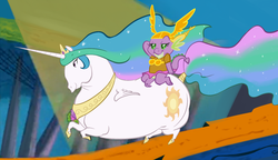 Size: 1400x806 | Tagged: safe, artist:php27, princess celestia, spike, alicorn, dragon, pony, g4, chubbylestia, clothes, crossdressing, dragons riding ponies, duo, fat, female, looney tunes, majestic as fuck, male, mare, morbidly obese, obese, parody, riding, spike riding celestia, warner brothers, wat, what's opera doc