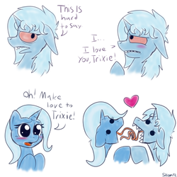 Size: 1125x1125 | Tagged: safe, artist:skoon, trixie, pony, unicorn, g4, blushing, crack shipping, female, french kiss, heart, implied lovemaking, kissing, lesbian, licking, love, mare, meme, messy mane, poni licking poni, selfcest, shipping, stoned trixie, tongue out, tongue to tongue, trixtrix, wat, what has science done, why, wtf