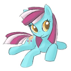 Size: 800x800 | Tagged: safe, artist:needsmoarg4, sweetie blue, earth pony, pony, g4, female, mare, prone, simple background, smiling, solo, white background