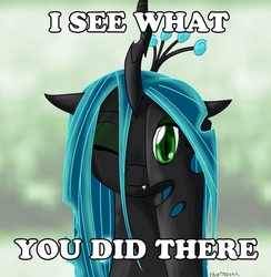 Size: 879x900 | Tagged: safe, artist:thattagen, edit, queen chrysalis, changeling, changeling queen, g4, fangs, female, hole, i see what you did there, image macro, meme, one eye closed, peekaboo, reaction image, signature, smiling, solo, wink