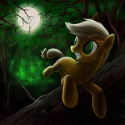 Size: 800x800 | Tagged: safe, artist:averagedraw, applejack, earth pony, pony, g4, applejack's hat, cowboy hat, female, forest, green light, hat, jumping, looking back, mare, moon, night, running, solo, tree