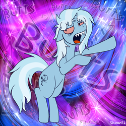 Size: 1125x1125 | Tagged: safe, artist:skoon, trixie, pony, unicorn, g4, abstract background, bloodshot eyes, butts, female, floppy ears, mare, rearing, sharp teeth, so high right now, solo, stoned trixie, teeth