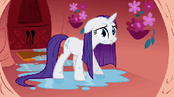 Size: 640x360 | Tagged: safe, screencap, rarity, pony, unicorn, g4, look before you sleep, season 1, animated, blinking, door, eyeshadow, female, floppy ears, flower, frown, gif, golden oaks library, makeup, mare, perfect loop, shaking, shivering, solo, water, wet, wet mane, wet mane rarity