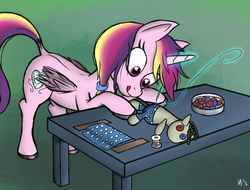 Size: 1938x1472 | Tagged: safe, artist:mostlyponyart, princess cadance, smarty pants, alicorn, pony, g4, button, dock, female, mare, needle, sewing, teenager, thread, tongue out
