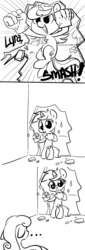 Size: 500x1467 | Tagged: safe, artist:php27, bon bon, lyra heartstrings, sweetie drops, earth pony, pony, unicorn, g4, bipedal, black and white, comic, female, floppy ears, grayscale, hulk hands, lineart, mare, monochrome, open mouth, starry eyes, wingding eyes