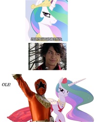 Size: 1144x1436 | Tagged: safe, princess celestia, alicorn, pony, g4, :t, bedroom eyes, captain marvelous, clothes, dress, female, gokaiger, irl, looking at you, mare, photo, smiling, super sentai