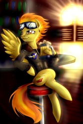 Size: 853x1280 | Tagged: source needed, safe, artist:tzelly-el, spitfire, pegasus, pony, g4, bar, bomber jacket, cider, clothes, female, goggles, jacket, mare, sitting, solo