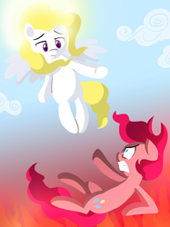 Size: 800x1067 | Tagged: safe, artist:willdrawforfood1, pinkie pie, surprise, earth pony, pegasus, pony, ask surprise, g1, g4, angry, ask, cloud, duo, duo female, falling, female, fire, flying, g1 to g4, generation leap, gritted teeth, hotblooded pinkie pie, mare, sky, spread wings, sun