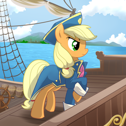 Size: 1000x1000 | Tagged: safe, artist:madmax, applejack, earth pony, pony, g4, captain, clothes, female, hat, mare, raised hoof, ship, solo, stern, uniform, water