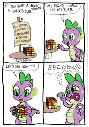 Size: 555x792 | Tagged: safe, artist:kturtle, spike, dragon, g4, comic, disgusted, drool, implied pinkie pie, male, rubik's cube, saliva on toy, solo