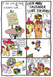 Size: 555x805 | Tagged: safe, artist:kturtle, apple bloom, scootaloo, sweetie belle, earth pony, pegasus, pony, unicorn, g4, comic, cutie mark crusaders, female, filly, hammer, mouth hold, rubber chicken, rubik's cube, sap, scooter