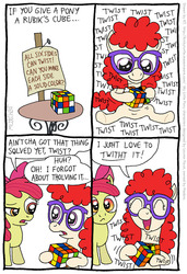Size: 547x802 | Tagged: safe, artist:kturtle, apple bloom, twist, earth pony, pony, g4, comic, duo, duo female, female, filly, happy, lisp, name pun, pun, rubik's cube, sitting
