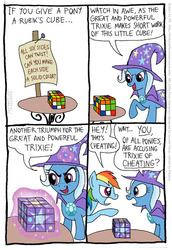Size: 559x811 | Tagged: safe, artist:kturtle, rainbow dash, trixie, pegasus, pony, unicorn, g4, cheating, comic, duo, duo female, eye contact, female, looking at each other, magic, mare, rubik's cube