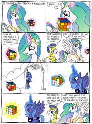 Size: 810x1087 | Tagged: safe, artist:kturtle, princess celestia, princess luna, alicorn, pegasus, pony, g4, comic, concentrating, cute, everything went better than expected, female, good end, guard, happy, lunabetes, magic cubes, male, mare, royal guard, rubik's cube, s1 luna, stallion, tongue out