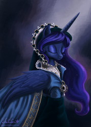 Size: 900x1254 | Tagged: safe, artist:whitestar1802, princess luna, alicorn, pony, g4, brooch, clothes, dress, elizabethan, eyes closed, female, gown, mare, painting, smiling, solo, tudor