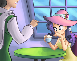 Size: 1500x1200 | Tagged: safe, artist:ric-m, jet set, rarity, human, g4, sweet and elite, blushing, cafe, cappuccino, clothes, coffee, dress, duo, female, flower, flower in hair, hat, humanized, male, pointing, scene interpretation, sitting, table, wide eyes