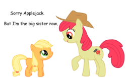 Size: 1024x636 | Tagged: safe, artist:masamunya, apple bloom, applejack, earth pony, pony, bridle gossip, g4, accessory theft, adult, age progression, age regression, age swap, alternate cutie mark, apple sisters, applejack's hat, cowboy hat, duo, duo female, eye contact, female, filly, filly applejack, foal, hat, looking at each other, mare, older, older apple bloom, raised hoof, role reversal, scene interpretation, siblings, simple background, sisters, transparent background, vector, younger