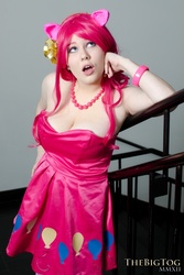 Size: 600x900 | Tagged: safe, artist:breefaith, artist:thebigtog, pinkie pie, human, g4, anime boston, anime boston 2012, breasts, brittany lauda, cleavage, cosplay, female, irl, irl human, jewelry, looking up, necklace, open mouth, pearl necklace, photo, solo