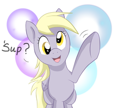Size: 900x800 | Tagged: safe, artist:perfectpinkwater, derpy hooves, pegasus, pony, g4, abstract background, bubble, female, hoofbump, looking at you, mare, smiling, solo, waving