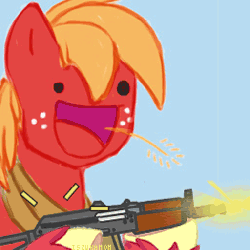 Size: 512x512 | Tagged: safe, big macintosh, earth pony, pony, g4, :d, aks-74u, animated, delet this, gif, gun, hoof hold, kalashnikov pattern, male, open mouth, ponies with guns, rifle, russia, russian, shooting, smiling, solo, stallion, straw in mouth, trigger happy, unshorn fetlocks, weapon, who needs trigger fingers
