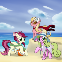 Size: 1500x1500 | Tagged: safe, artist:tehflah, daisy, flower wishes, lily, lily valley, roseluck, earth pony, pony, ask the flower trio, g4, ask, beach, beach ball, clothes, female, flower trio, mare, scarf, smiling, trio, trio female, tumblr