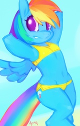 Size: 1061x1657 | Tagged: safe, artist:doxy, rainbow dash, pony, semi-anthro, arm behind head, armpits, belly button, bikini, clothes, female, hooves behind head, mare, solo, swimsuit, yellow swimsuit