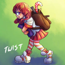 Size: 600x600 | Tagged: safe, artist:ninjaham, twist, human, g4, backpack, candy, candy cane, clothes, female, food, humanized, socks, solo, striped socks, striped stockings