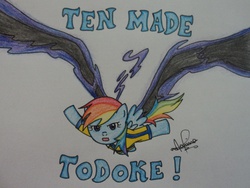 Size: 3264x2448 | Tagged: safe, artist:mariwii, rainbow dash, pegasus, semi-anthro, g4, crossover, female, flying, high res, inazuma eleven go, keshin, parody, solo, ten made todoke, traditional art