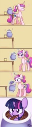 Size: 800x3187 | Tagged: safe, artist:solar-slash, princess cadance, twilight sparkle, alicorn, pony, unicorn, g4, 2012, caught, cookie, cookie jar, cookie jar pony, cute, cutedance, exclamation point, eyes closed, female, filly, filly twilight sparkle, frown, hoof hold, magic, mare, music notes, open mouth, raised eyebrow, smiling, smol, sweat, sweet obsession, teen princess cadance, telekinesis, tiny, tiny ponies, twiabetes, twilight stealing a cookie, unicorn twilight, walking, weapons-grade cute, wide eyes, younger