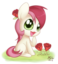 Size: 900x1000 | Tagged: safe, artist:solar-slash, roseluck, earth pony, pony, g4, chibi, cute, female, flower, flower in hair, mare, rose, simple background, sitting, solo, transparent background