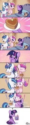 Size: 765x3125 | Tagged: safe, artist:solar-slash, princess cadance, shining armor, smarty pants, twilight sparkle, alicorn, pony, unicorn, g4, bed, blushing, book, cake, cute, cutedance, exclamation point, eyes closed, female, filly, filly twilight sparkle, frown, grin, happy, hug, magic, nervous, now kiss, open mouth, puppy dog eyes, reading, shining adorable, sitting, smiling, sweat, sweet obsession, teen princess cadance, teenager, telekinesis, thought bubble, twiabetes, wide eyes, younger
