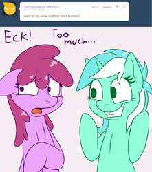 Size: 750x850 | Tagged: safe, artist:skoon, berry punch, berryshine, lyra heartstrings, earth pony, pony, unicorn, ask berry punch, g4, ask, female, grin, human fetish, irrational exuberance, mare, smiling, that pony sure does love humans