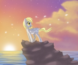 Size: 2922x2448 | Tagged: safe, artist:jacky-bunny, derpy hooves, pegasus, pony, g4, backlighting, female, high res, looking back, mare, ocean, smiling, solo, sun, sunset