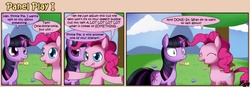 Size: 1400x489 | Tagged: safe, artist:solar-slash, pinkie pie, twilight sparkle, earth pony, pony, unicorn, g4, comic, duo, duo female, female, fourth wall, mare, panel play, tongue out