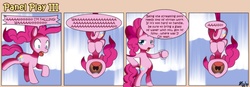 Size: 1400x489 | Tagged: safe, artist:solar-slash, pinkie pie, earth pony, pony, g4, comic, drinking, falling, female, fourth wall, mare, panel play, solo, yelling