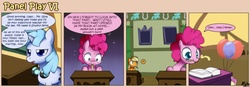 Size: 1400x489 | Tagged: safe, artist:solar-slash, applejack, fluttershy, pinkie pie, oc, oc:soulful note, earth pony, pony, unicorn, g4, book, comic, female, filly, fourth wall, mare, mouth hold, panel play, pencil, plushie, school