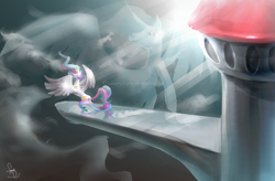 Size: 1900x1250 | Tagged: safe, artist:canarycharm, princess celestia, alicorn, pony, g4, balcony, cloud, cloudy, crepuscular rays, female, mare, rearing, smiling, solo, spread wings, watermark
