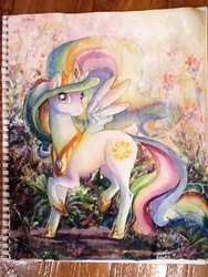 Size: 720x960 | Tagged: safe, artist:th351, princess celestia, alicorn, pony, g4, female, looking at you, mare, photo, raised hoof, raised leg, smiling, solo, spread wings, traditional art