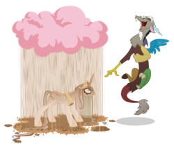 Size: 1596x1349 | Tagged: dead source, safe, artist:anima-dos, discord, princess celestia, alicorn, draconequus, pony, angry, celestia is not amused, chocolate, chocolate milk, chocolate rain, cloud, discord being discord, duo, eyes closed, female, fluffy, frown, glare, glarelestia, laughing, makeup, male, mare, milk, open mouth, pink cloud, pointing, rain, running makeup, simple background, smiling, transparent background, trollcord, wet, wet mane, wet tail