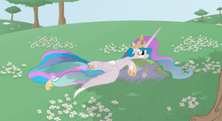 Size: 2334x1280 | Tagged: safe, artist:feather, princess celestia, alicorn, pony, g4, dappled sunlight, female, flower, frown, mare, meadow, prone, solo, straw in mouth, tree