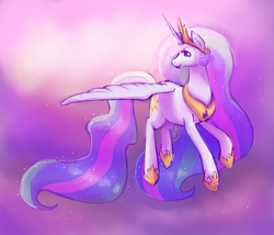 Size: 700x600 | Tagged: safe, artist:orcacookie, princess celestia, alicorn, pony, g4, female, flying, looking back, mare, smiling, solo