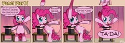 Size: 1400x489 | Tagged: safe, artist:solar-slash, pinkie pie, earth pony, pony, g4, cape, clothes, comic, female, fourth wall, hat, magic trick, mare, now you're thinking with portals, panel play, portal, smiling, solo, stage, top hat