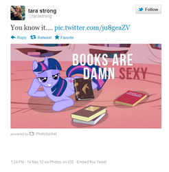 Size: 560x570 | Tagged: safe, twilight sparkle, pony, unicorn, g4, book, brony queen, female, mare, solo, tara strong, text, twitter